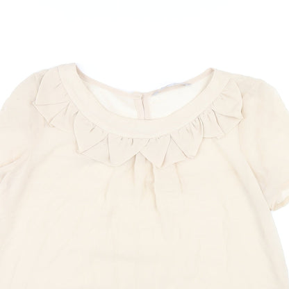 Close-up detail of Red Herring women’s beige polyester basic t-shirt, size UK 12, scoop neck
