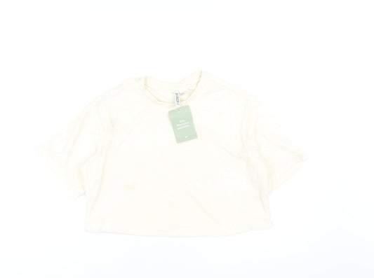 H&M Womens Ivory Polyethylene Cropped T-Shirt Size XS Round Neck