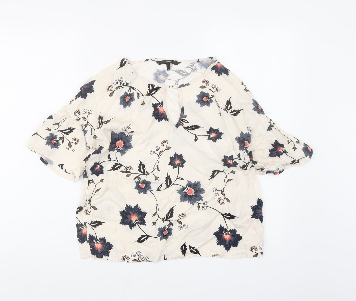 VERO MODA Womens Ivory Floral Viscose Basic Blouse Size M Round Neck - keyhole Neckline