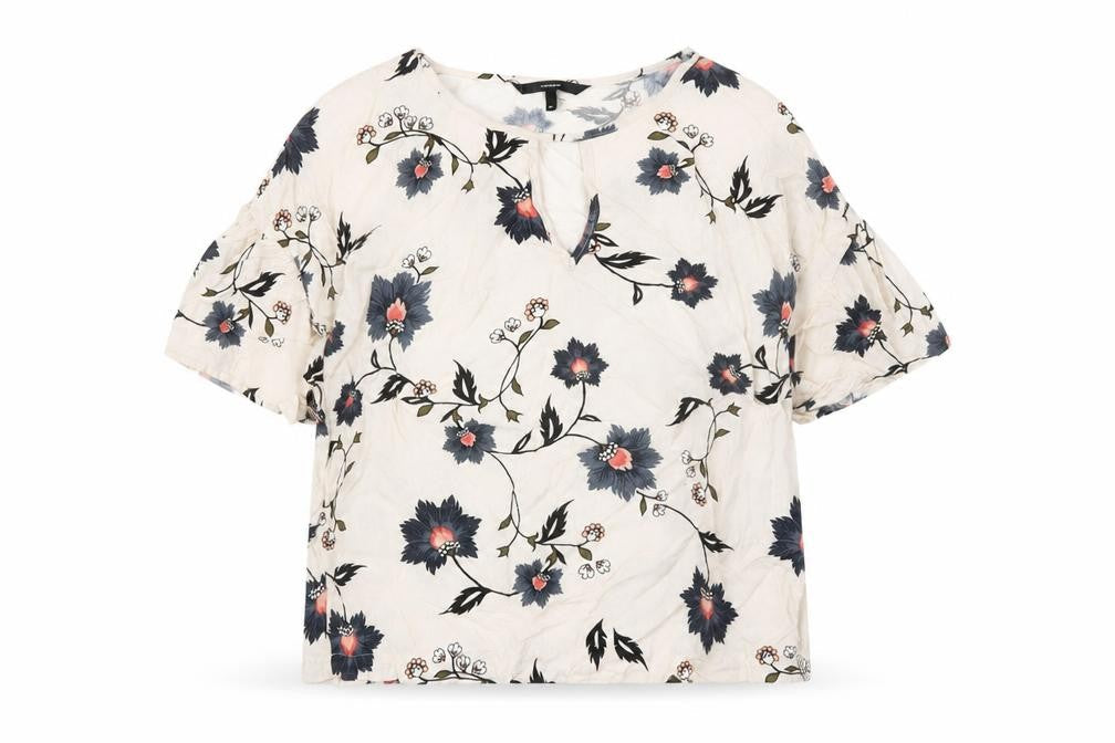 VERO MODA Womens Ivory Floral Viscose Basic Blouse Size M Round Neck - keyhole Neckline