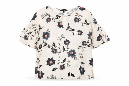 Vero Moda Womens Ivory Floral Viscose Basic Blouse Size M Round Neck - keyhole Neckline