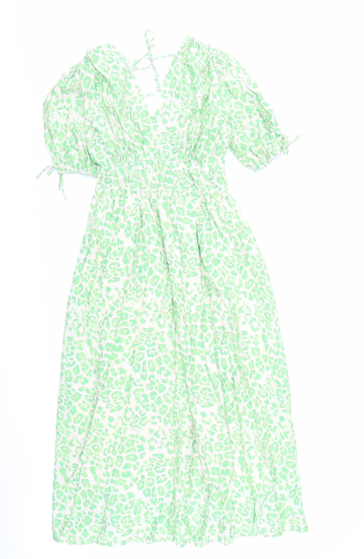 Marks and Spencer Womens Green Animal Print Viscose Trapeze & Swing Size 8 V-Neck Pullover - Leopard Pattern