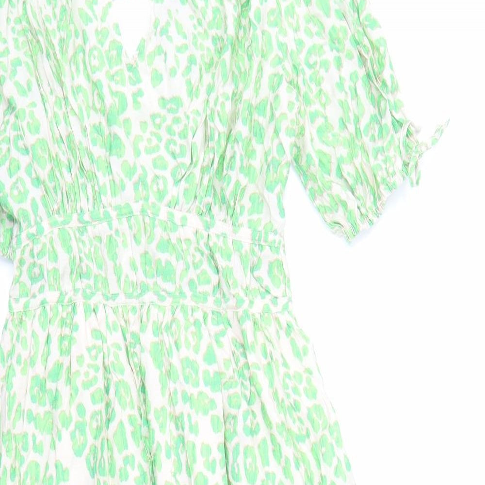 Marks and Spencer Womens Green Animal Print Viscose Trapeze & Swing Size 8 V-Neck Pullover - Leopard Pattern