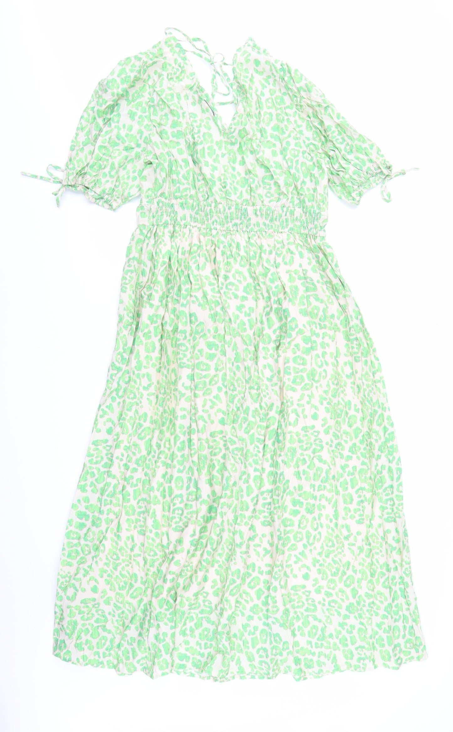 Marks and Spencer Womens Green Animal Print Viscose Trapeze & Swing Size 12 V-Neck Pullover - Leopard Pattern
