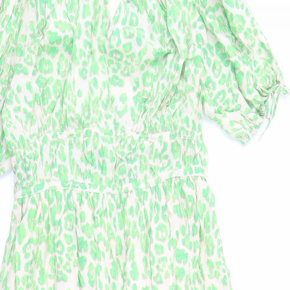 Marks and Spencer Womens Green Animal Print Viscose Trapeze & Swing Size 12 V-Neck Pullover - Leopard Pattern