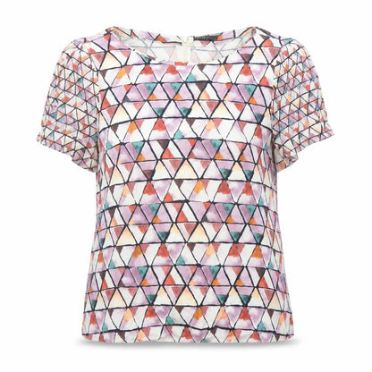 Front view of ESPRIT women’s multicoloured geometric viscose basic blouse, size UK 12, round neck