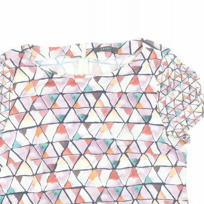 Close-up detail of ESPRIT women’s multicoloured geometric viscose basic blouse, size UK 12, round neck