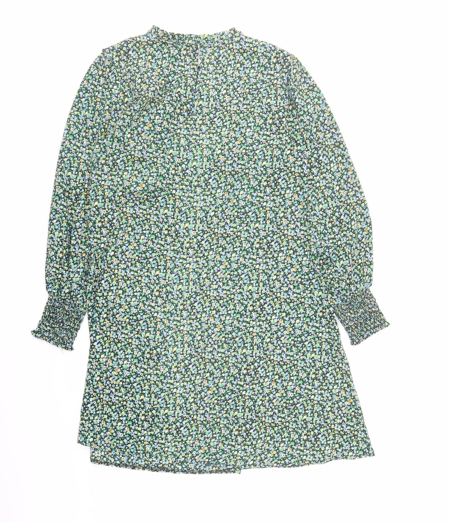 New Look Womens Green Floral Polyester A-Line Size 12 Mock Neck Button