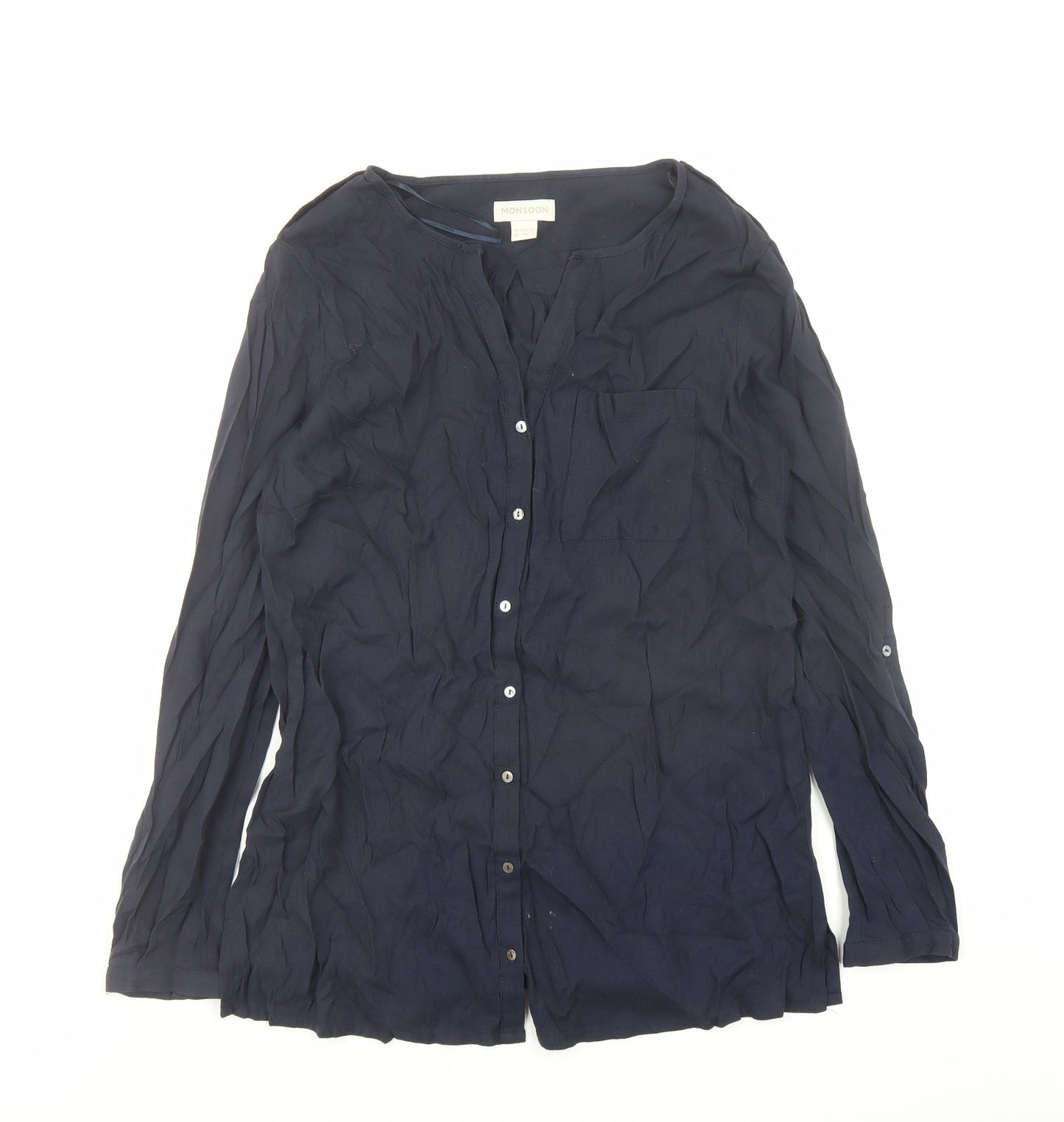Monsoon Womens Blue Viscose Basic Button-Up Size 12 V-Neck
