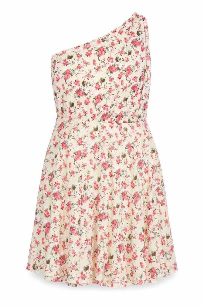 Mango Womens Beige Floral Polyester Fit & Flare Size L One Shoulder Pullover