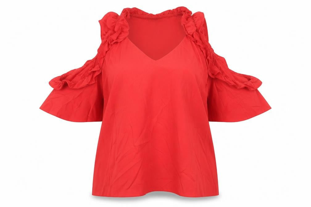 Topshop Womens Red Polyester Basic Blouse Size 10 Boat Neck - Cold Shoulder Detail