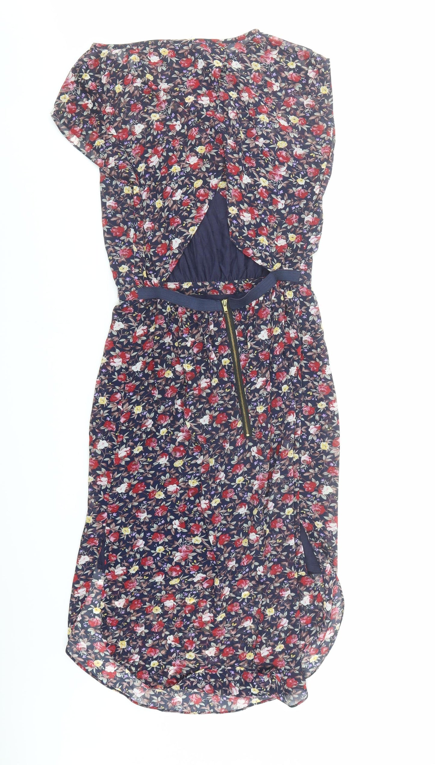 Warehouse Womens Blue Floral Polyester A-Line Size 10 Round Neck Zip - Open Back Detail