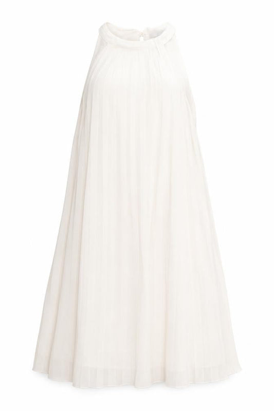 H&M Womens Beige Polyester Trapeze & Swing Size S Round Neck Button - Pleated