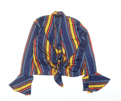 Additional front view of Missguided women’s blue striped polyester basic blouse, size UK 6, v-neck