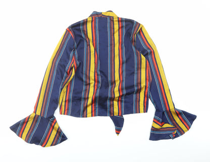 Back view of Missguided women’s blue striped polyester basic blouse, size UK 6, v-neck