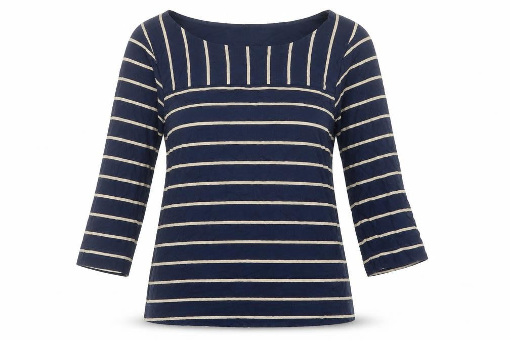 DASH Womens Blue Striped Viscose Basic T-Shirt Size 14 Boat Neck