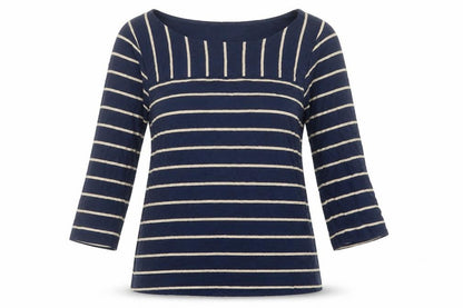 Dash Womens Blue Striped Viscose Basic T-Shirt Size 14 Boat Neck