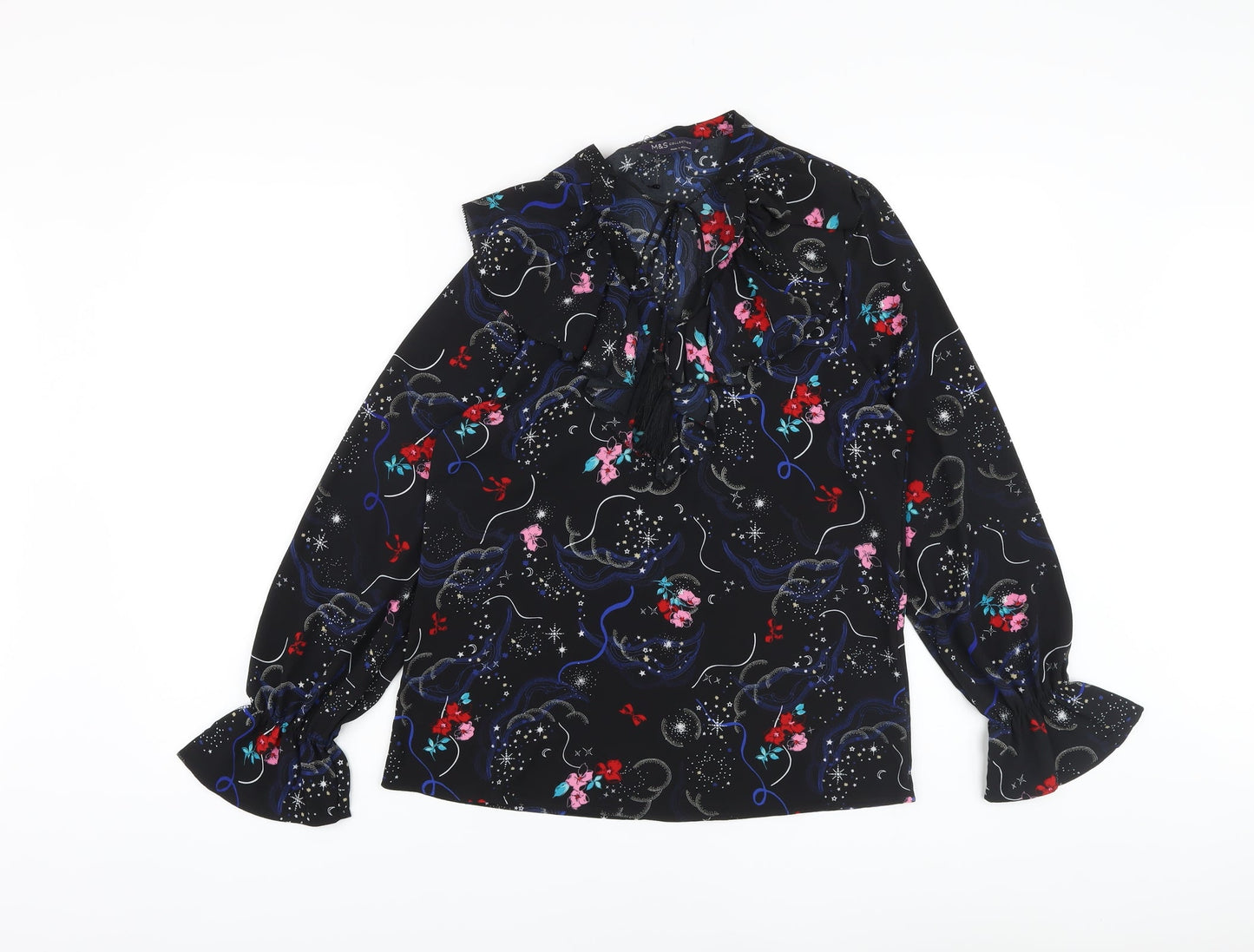 Marks and Spencer Womens Black Floral Polyester Basic Blouse Size 8 V-Neck