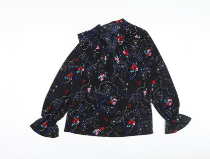 Marks & Spencer Womens Black Floral Polyester Basic Blouse Size 8 V-Neck