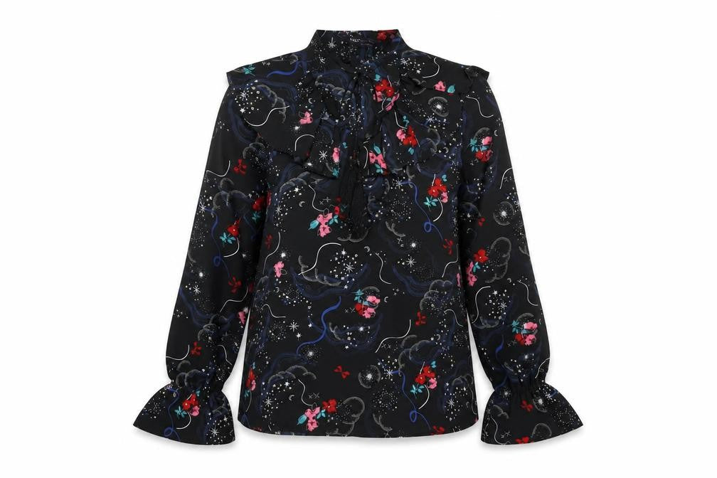 Marks & Spencer Womens Black Floral Polyester Basic Blouse Size 8 V-Neck