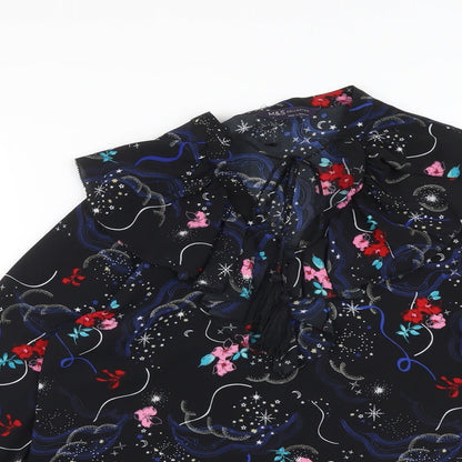 Marks & Spencer Womens Black Floral Polyester Basic Blouse Size 8 V-Neck