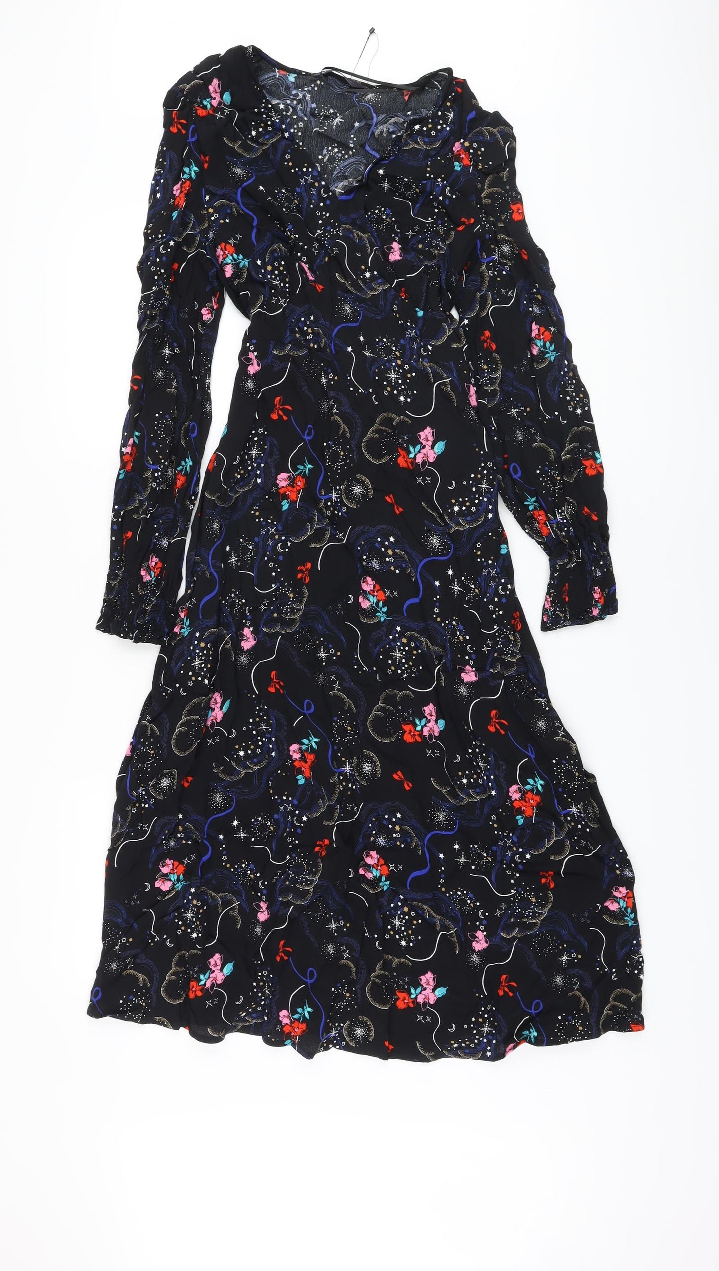 Marks and Spencer Womens Black Fair Isle Viscose A-Line Size 10 V-Neck Zip