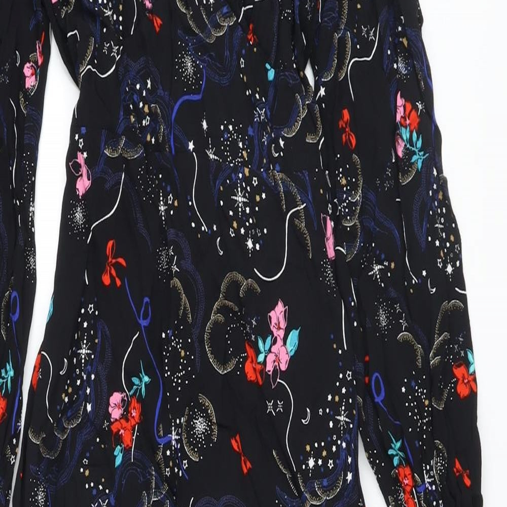 Marks and Spencer Womens Black Fair Isle Viscose A-Line Size 10 V-Neck Zip