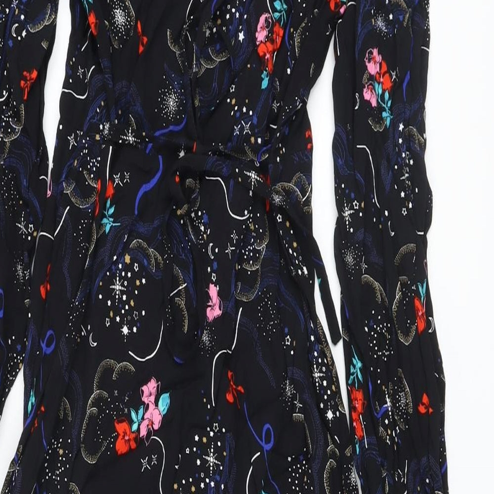 Marks and Spencer Womens Black Fair Isle Viscose A-Line Size 10 V-Neck Zip