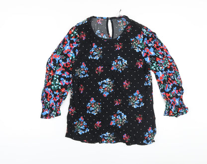 Marks & Spencer Womens Black Floral Viscose Basic Blouse Size 8 Round Neck