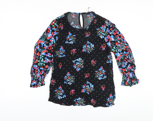 Marks and Spencer Womens Black Floral Viscose Basic Blouse Size 8 Round Neck