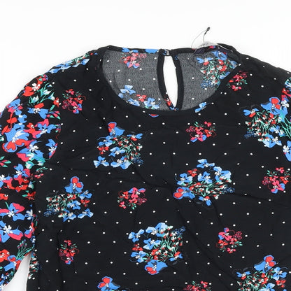 Marks & Spencer Womens Black Floral Viscose Basic Blouse Size 8 Round Neck