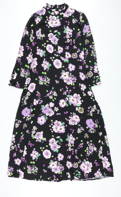 Marks & Spencer Womens Black Floral Polyester A-Line Size 8 Mock Neck Zip
