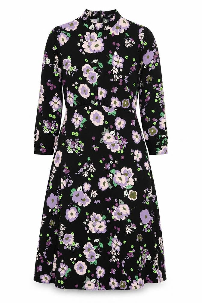 Marks & Spencer Womens Black Floral Polyester A-Line Size 8 Mock Neck Zip