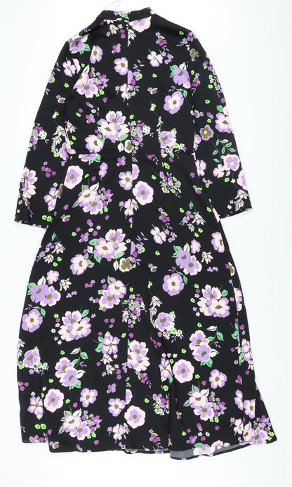 Marks & Spencer Womens Black Floral Polyester A-Line Size 8 Mock Neck Zip