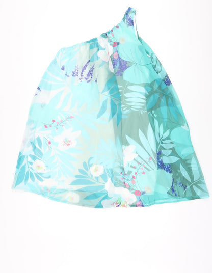 Additional front view of Be Beau women’s blue floral polyester basic blouse, size UK 10, one shoulder