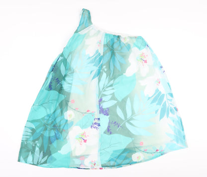 Back view of Be Beau women’s blue floral polyester basic blouse, size UK 10, one shoulder