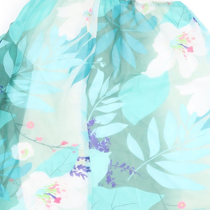 Brand and care label for Be Beau women’s blue floral polyester basic blouse, size UK 10, one shoulder