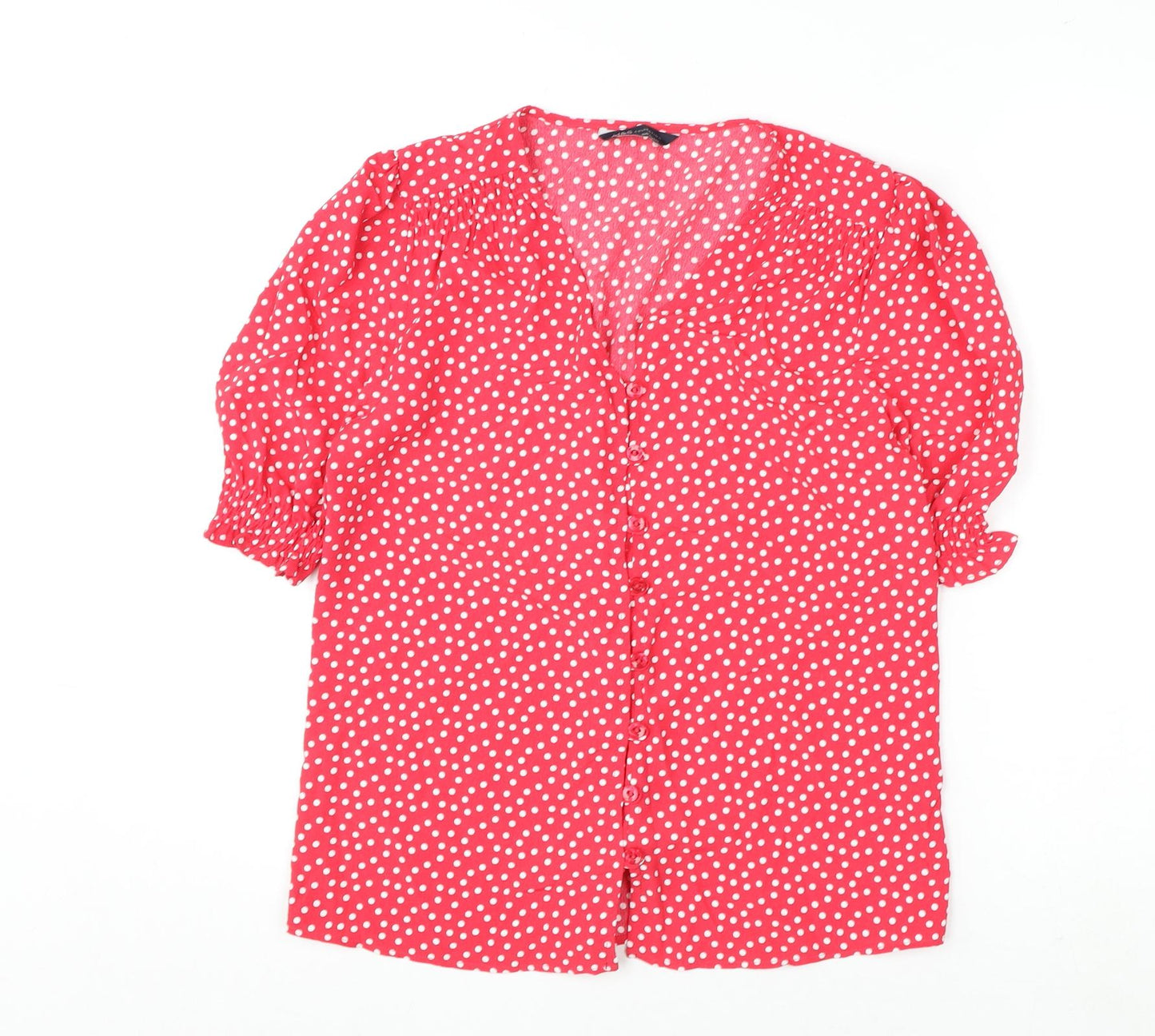 Marks and Spencer Womens Pink Polka Dot Polyester Basic Button-Up Size 8 V-Neck