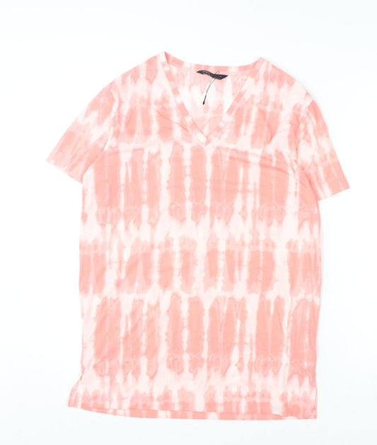 Marks and Spencer Womens Pink Geometric Polyester Basic T-Shirt Size 8 V-Neck - Tie Dye