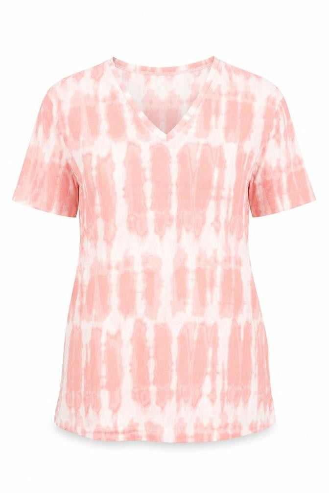 Marks & Spencer Womens Pink Geometric Polyester Basic T-Shirt Size 8 V-Neck - Tie Dye