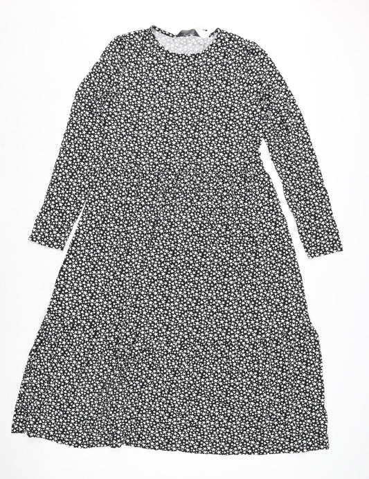 Marks and Spencer Womens Black Geometric Viscose A-Line Size 10 Round Neck Pullover - Star and Heart Print