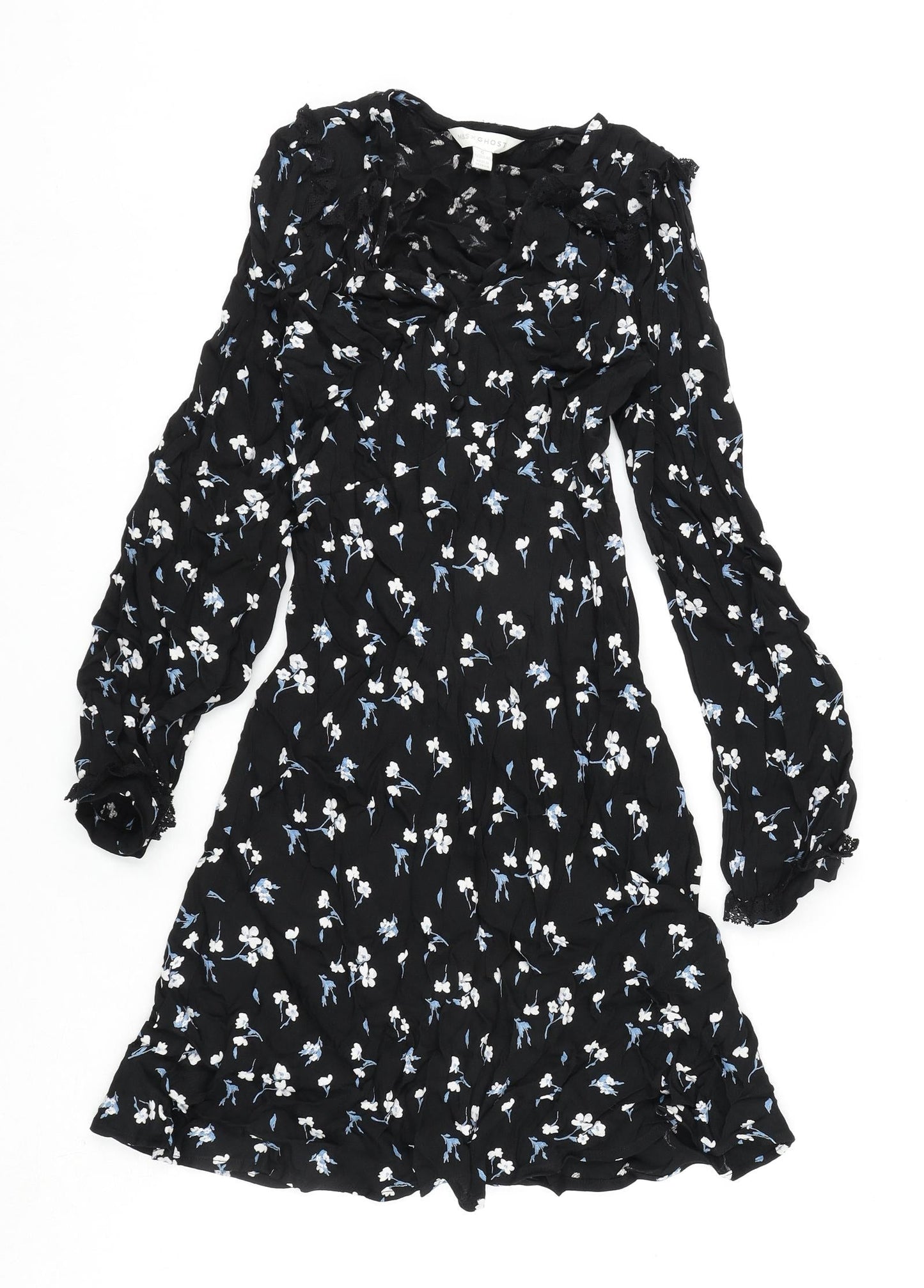Marks and Spencer Womens Black Floral Viscose A-Line Size 6 V-Neck Zip - Ghost, Lace Detail