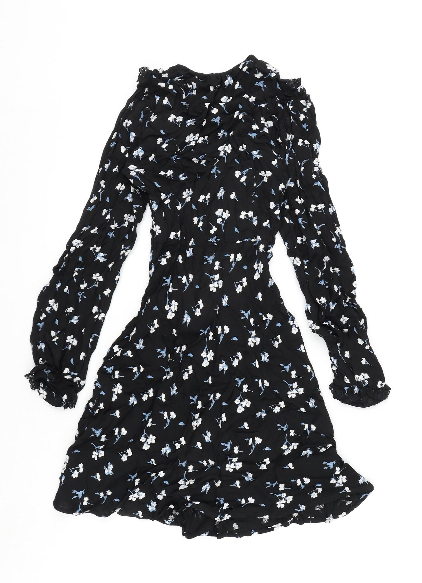 Marks and Spencer Womens Black Floral Viscose A-Line Size 6 V-Neck Zip - Ghost, Lace Detail