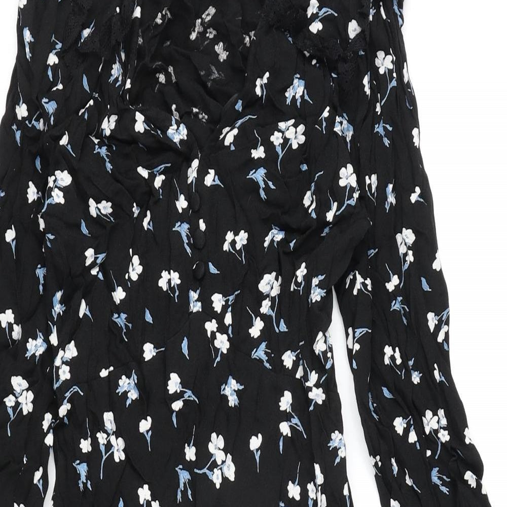 Marks and Spencer Womens Black Floral Viscose A-Line Size 6 V-Neck Zip - Ghost, Lace Detail