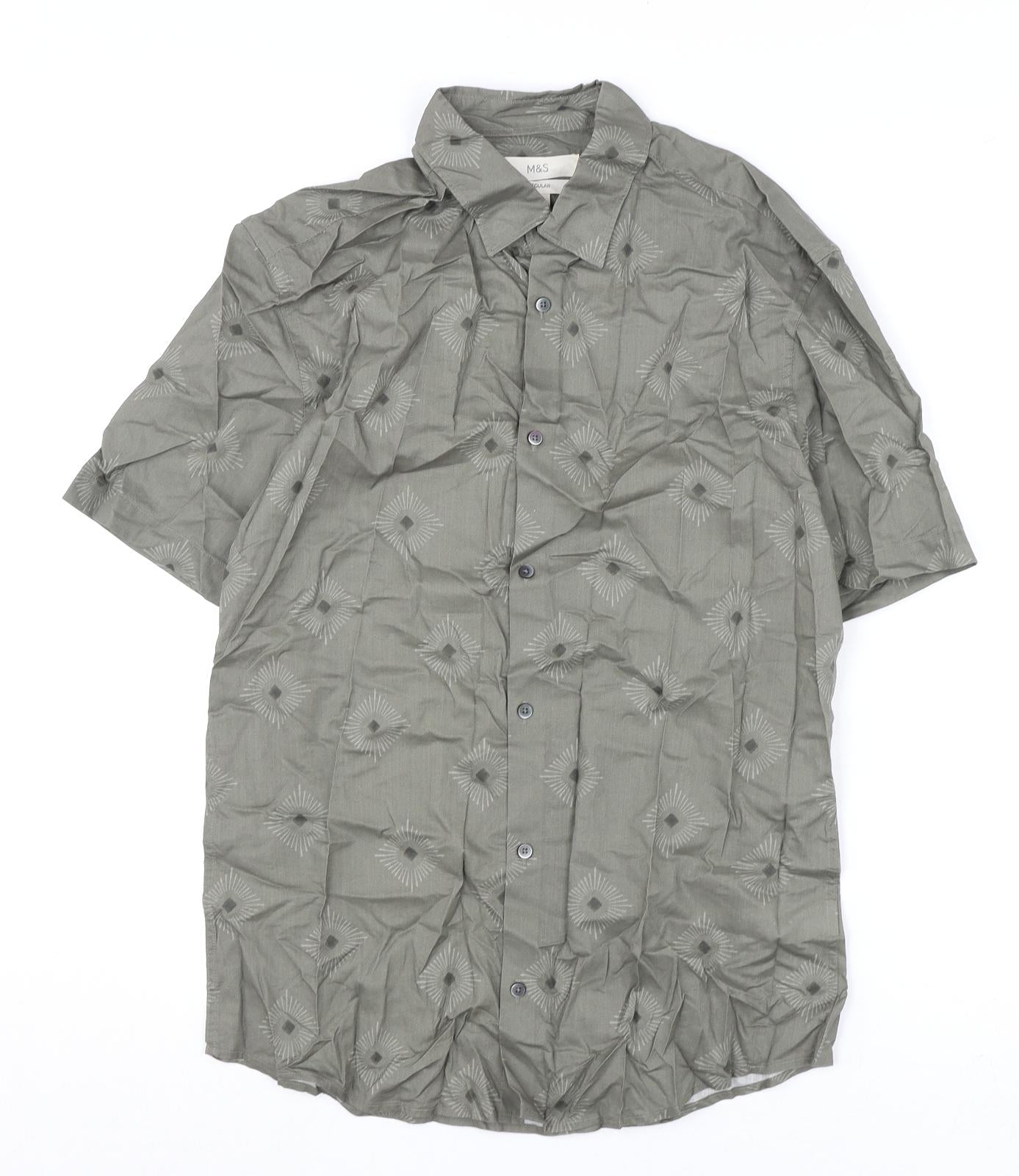 Marks and Spencer Mens Green Geometric Cotton Button-Up Size S Collared Button