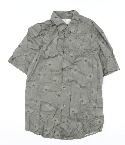 Marks and Spencer Mens Green Geometric Cotton Button-Up Size S Collared Button