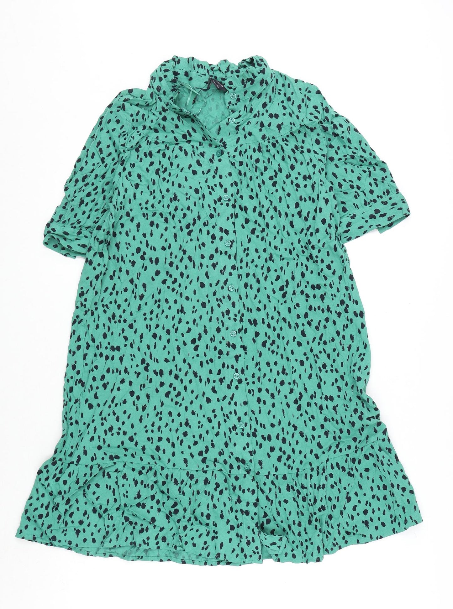 Marks and Spencer Womens Green Geometric Viscose A-Line Size 8 Round Neck Button - Tie Detail