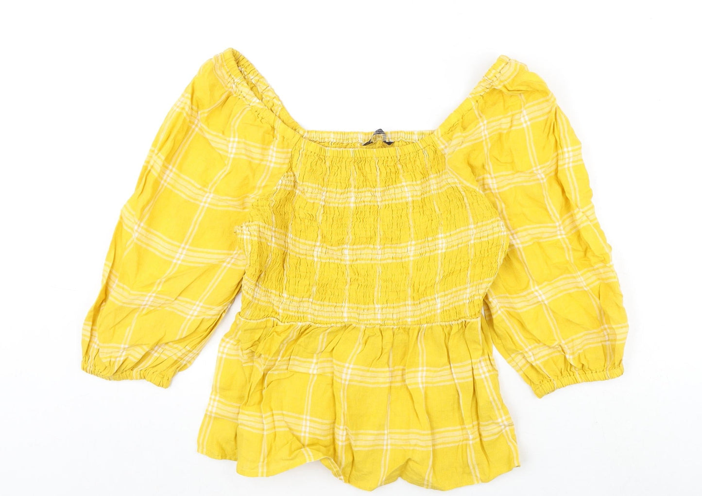 Marks and Spencer Womens Yellow Plaid Linen Basic Blouse Size 10 Off the Shoulder