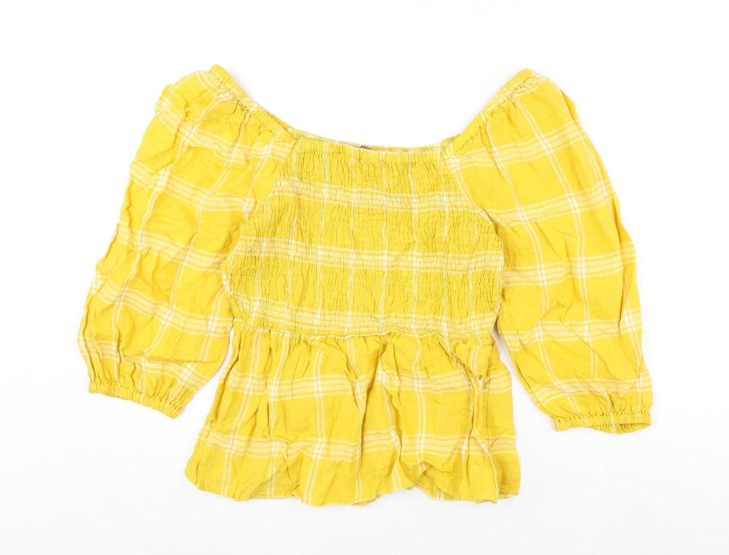 Marks and Spencer Womens Yellow Plaid Linen Basic Blouse Size 10 Off the Shoulder