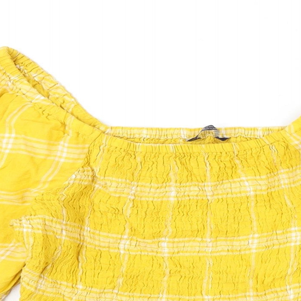 Marks and Spencer Womens Yellow Plaid Linen Basic Blouse Size 10 Off the Shoulder